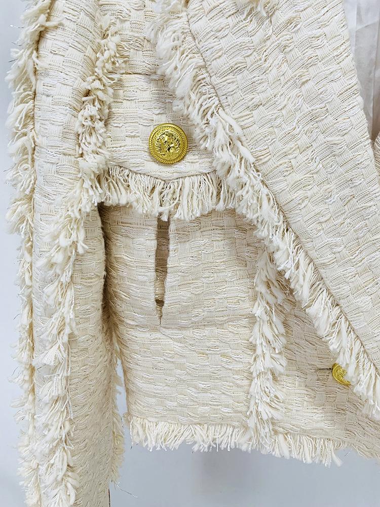 Ysabel Beige Tweed Fringe Jacket & Skirt Two Piece Set - ALLARA