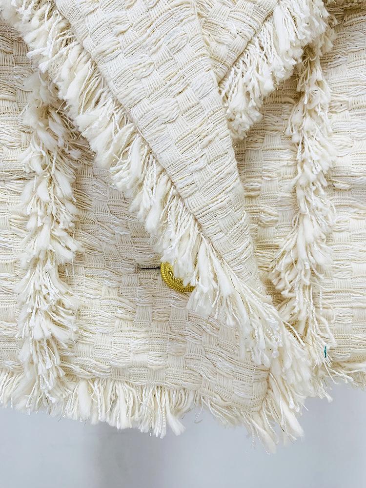 Ysabel Beige Tweed Fringe Jacket & Skirt Two Piece Set - ALLARA