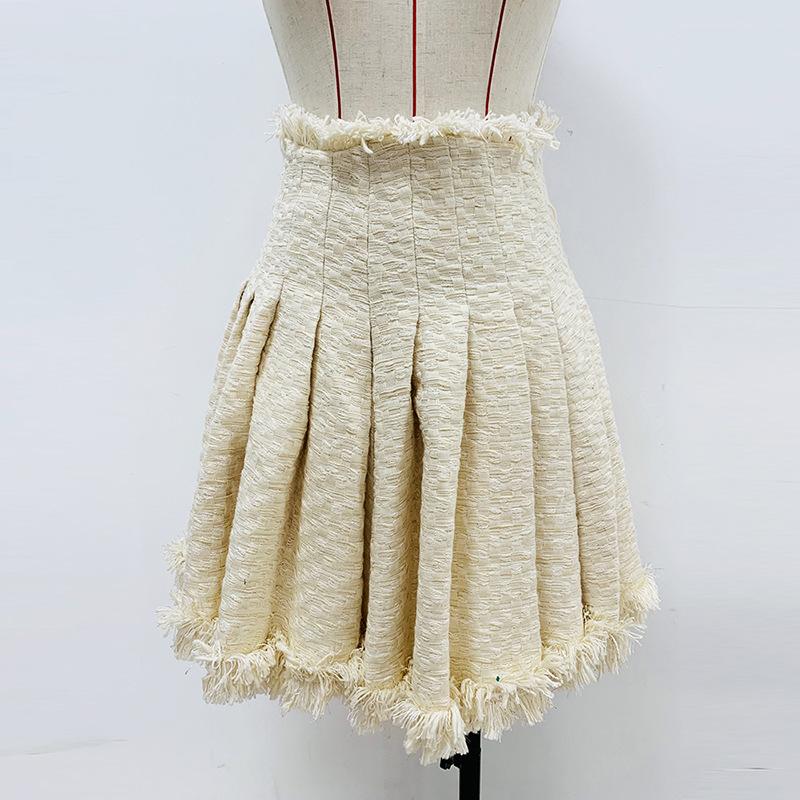 Ysabel Beige Tweed Fringe Jacket & Skirt Two Piece Set - ALLARA