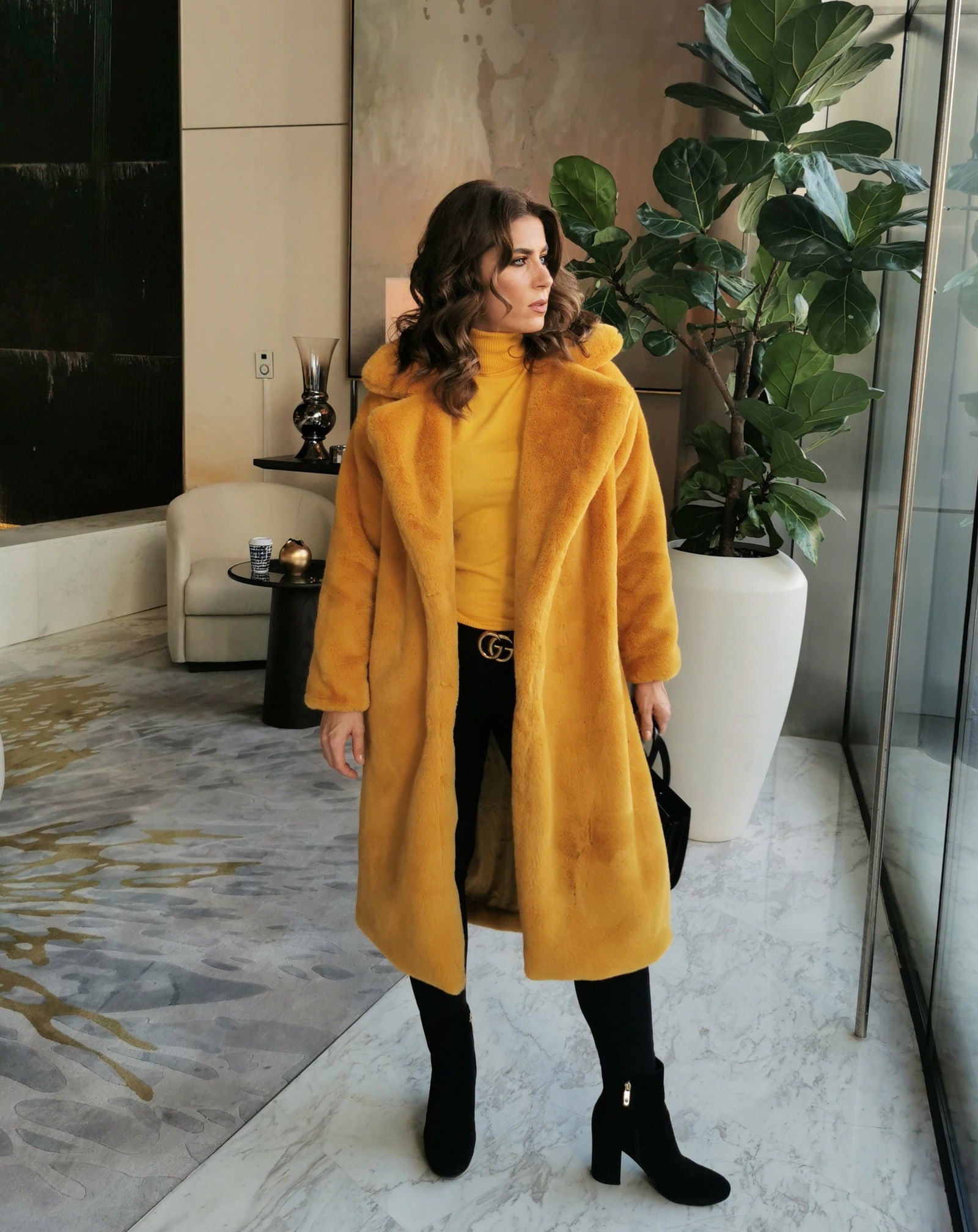 Zurich Yellow Oversized Faux Fur Coat for Women - Allara