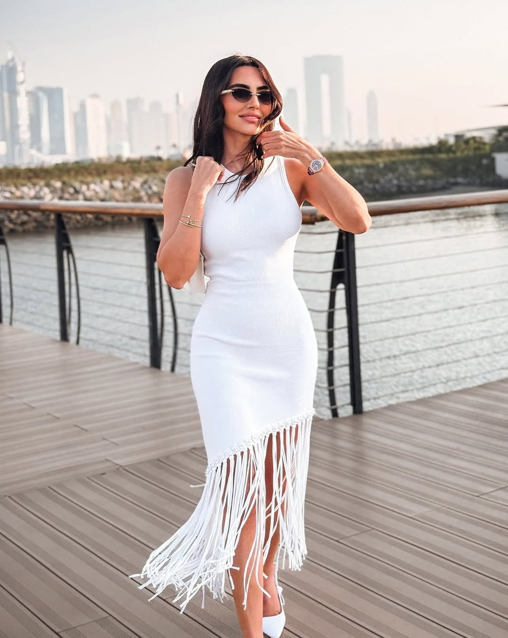 Celestia Sleeveless White Knit Midi Dress with Tassel Hem
