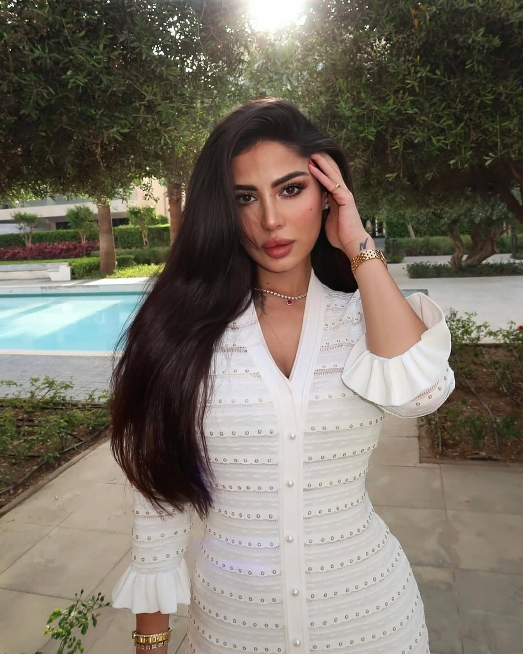 Erin White Knit Midi Dress Pearl Buttons