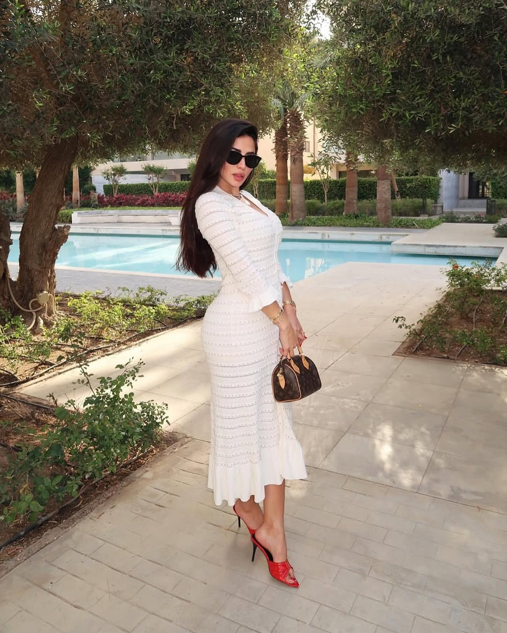 Erin White Knit Midi Dress Pearl Buttons