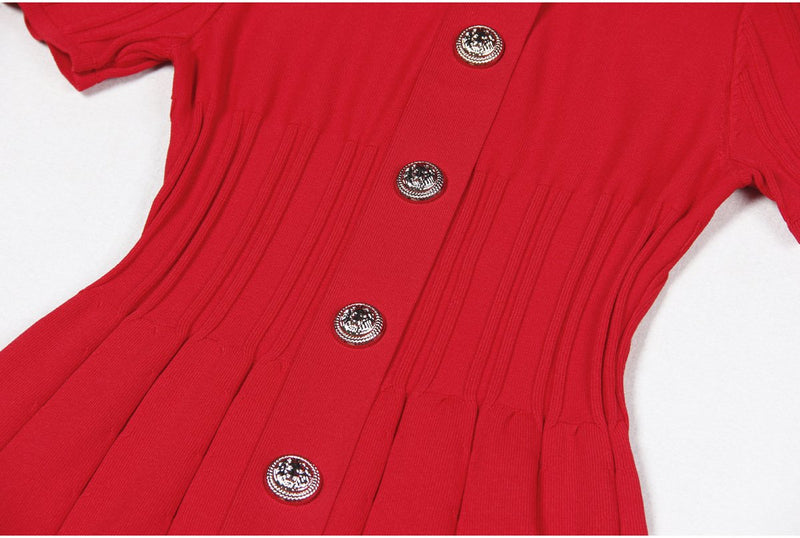 Emmeline Red Lapel Collar A Line Knit Dress