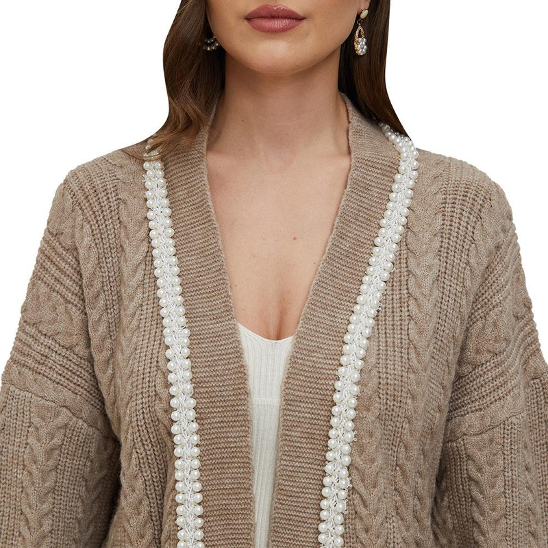 Jasmine Camel Pearl Trimmed Knit Cardigan