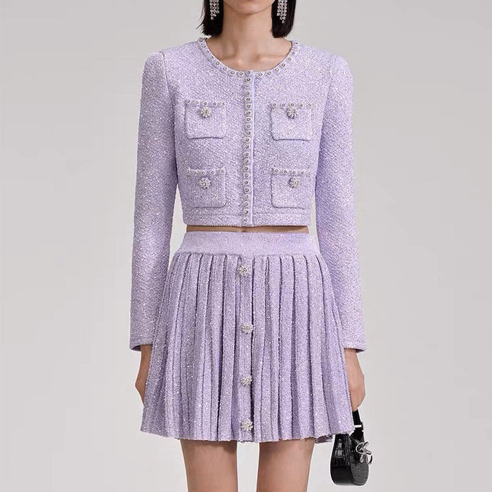 Orla Purple Sequin Embroidered Knit Cardigan Skirt Set