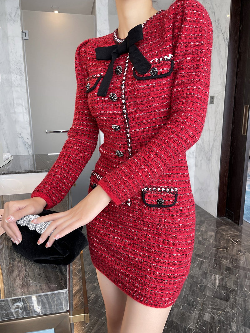 Hadley Red Tweed Velvet Bow Mini Dress