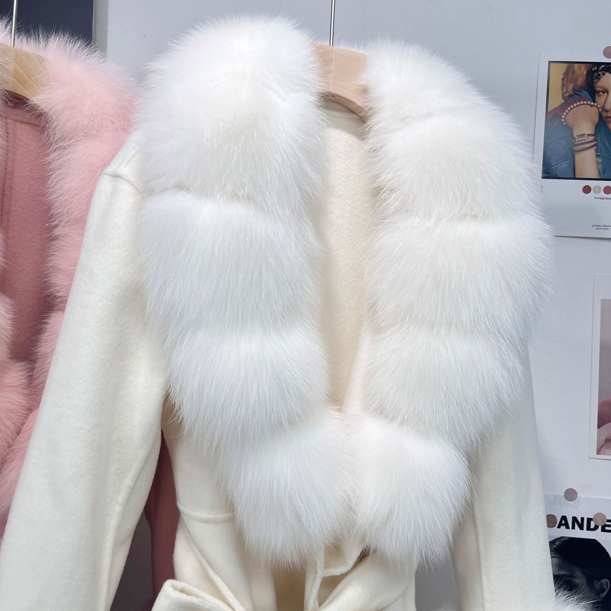 Petra Pink Fox Fur Trim Long Wool Wrap Coat