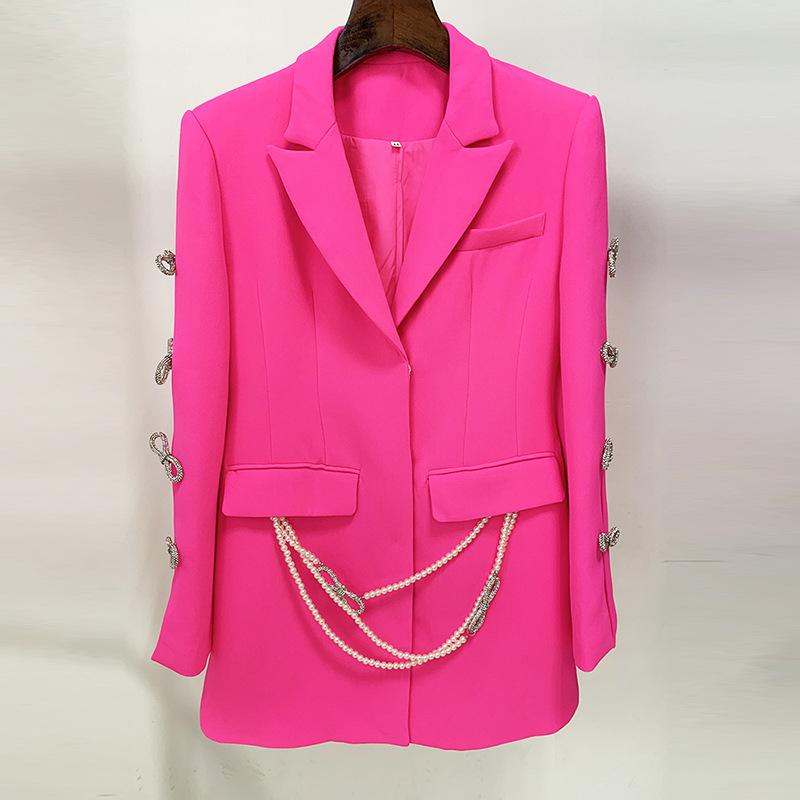 Holly Pink Oversized Blazer with Rhinestone Bowtie and Pearl Chain