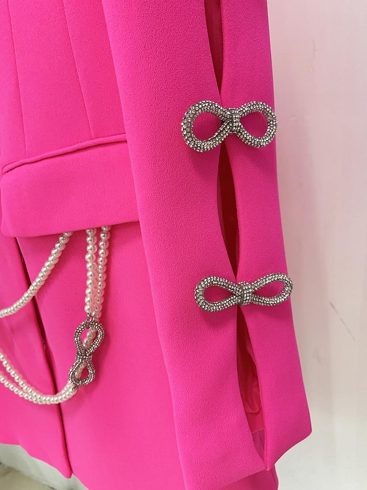 Holly Pink Oversized Blazer with Rhinestone Bowtie and Pearl Chain