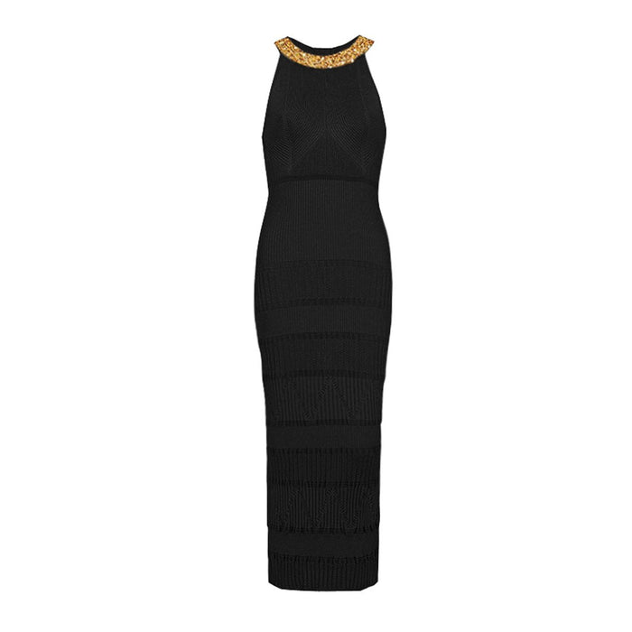 Anika Black Beaded Long Knit Dress