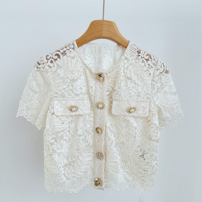 Everly Pearl Embellished Short Sleeve Lace Top