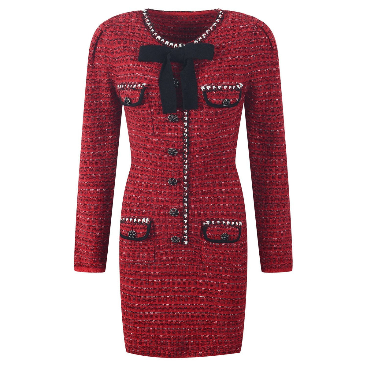 Hadley Red Tweed Velvet Bow Mini Dress