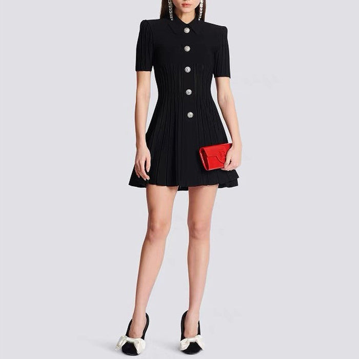 Emmeline Black Lapel Collar A Line Knit Dress