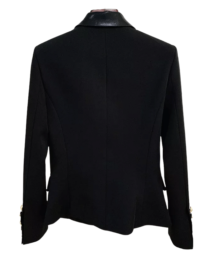 Remi Black PU Leather Trim Double Breasted Blazer