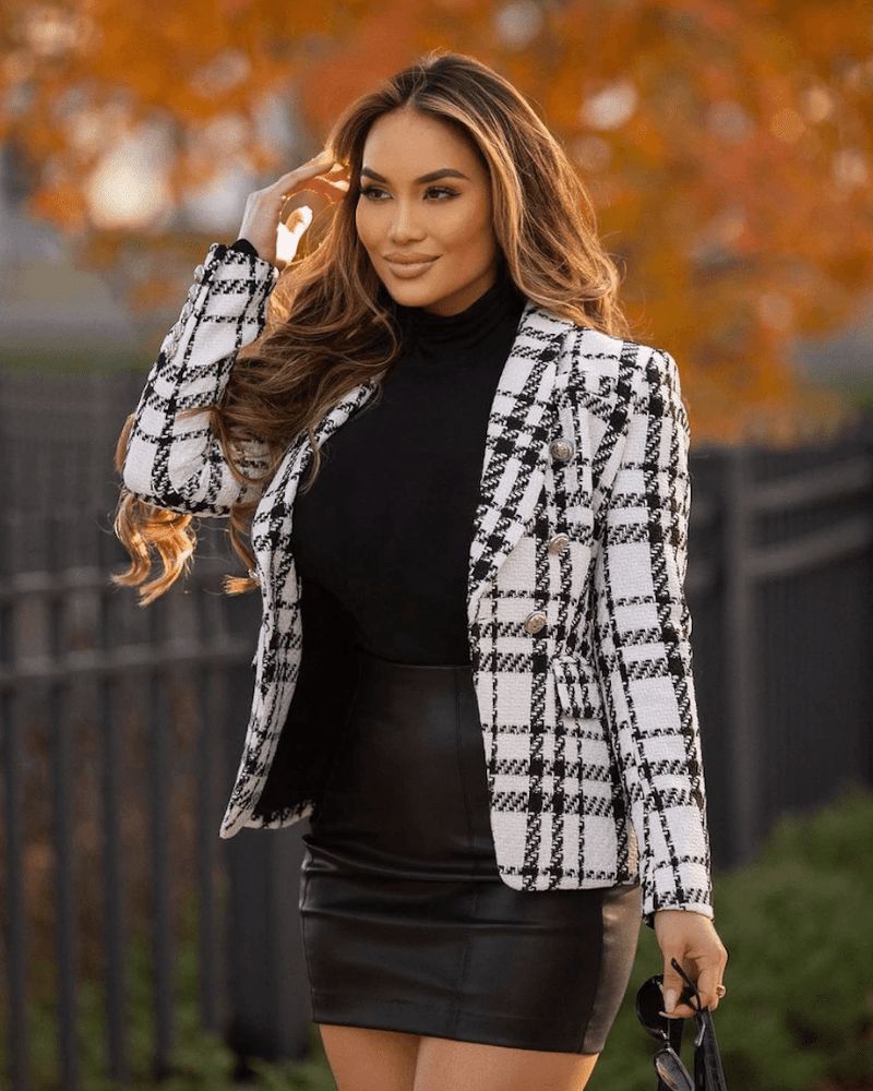 Lidia White Plaid Tweed Double Breasted Blazer