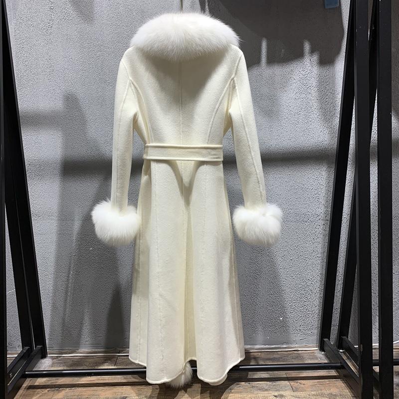 Luciana Beige Fox Fur Collar Cashmere Long Coat