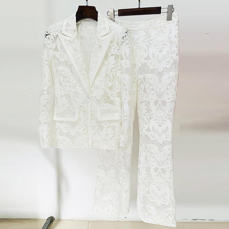 Keira White Lace Blazer and Pant Two Piece Set