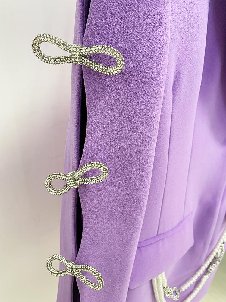 Holly Purple Oversized Blazer with Rhinestone Bowtie and Pearl Chain