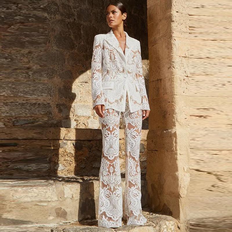 Keira White Lace Blazer and Pant Two Piece Set