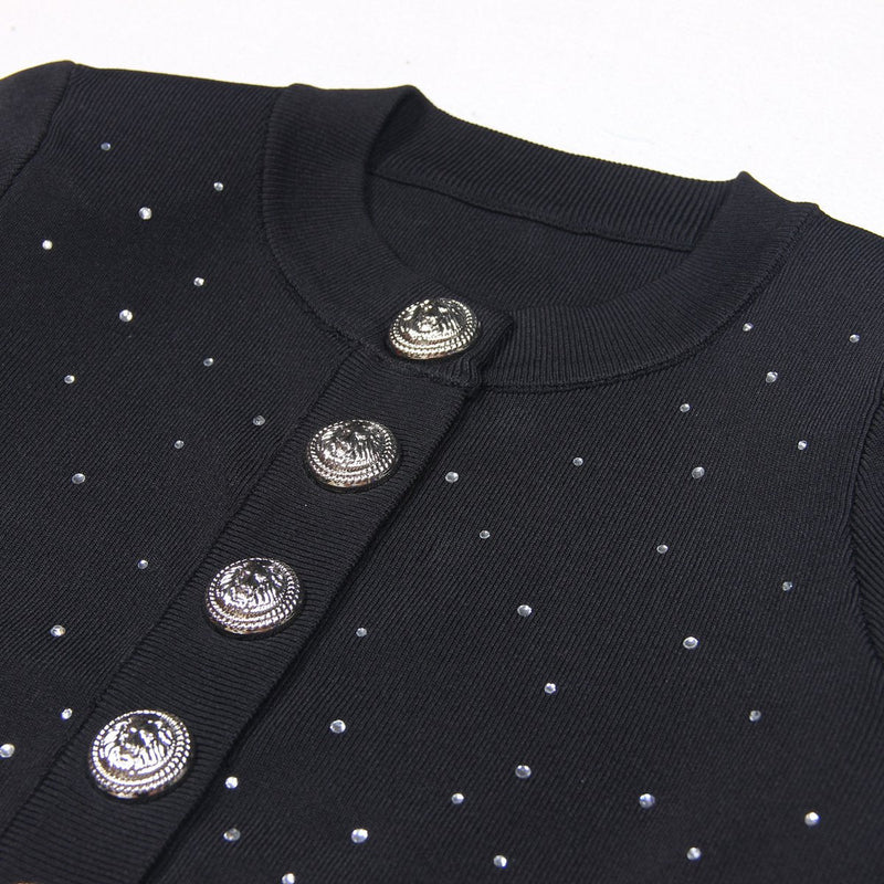 Selene Black Rhinestone Button Up Knit Cardigan