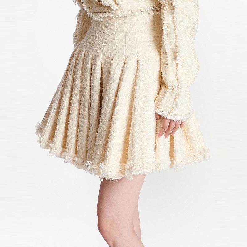 Ysabel Beige Tweed Fringe Jacket & Skirt Two Piece Set