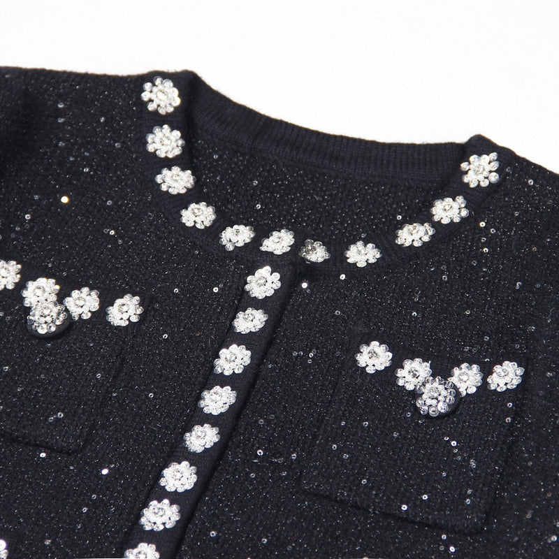 Orla Black Sequin Embroidered Knit Cardigan Skirt Set